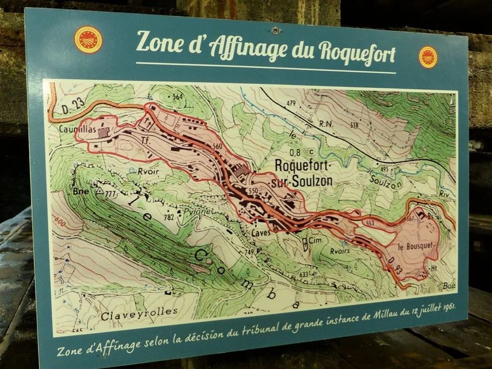 The zone shaded pink on this map is where every single Roquefort cheese is required to spend at least two weeks of its youth.