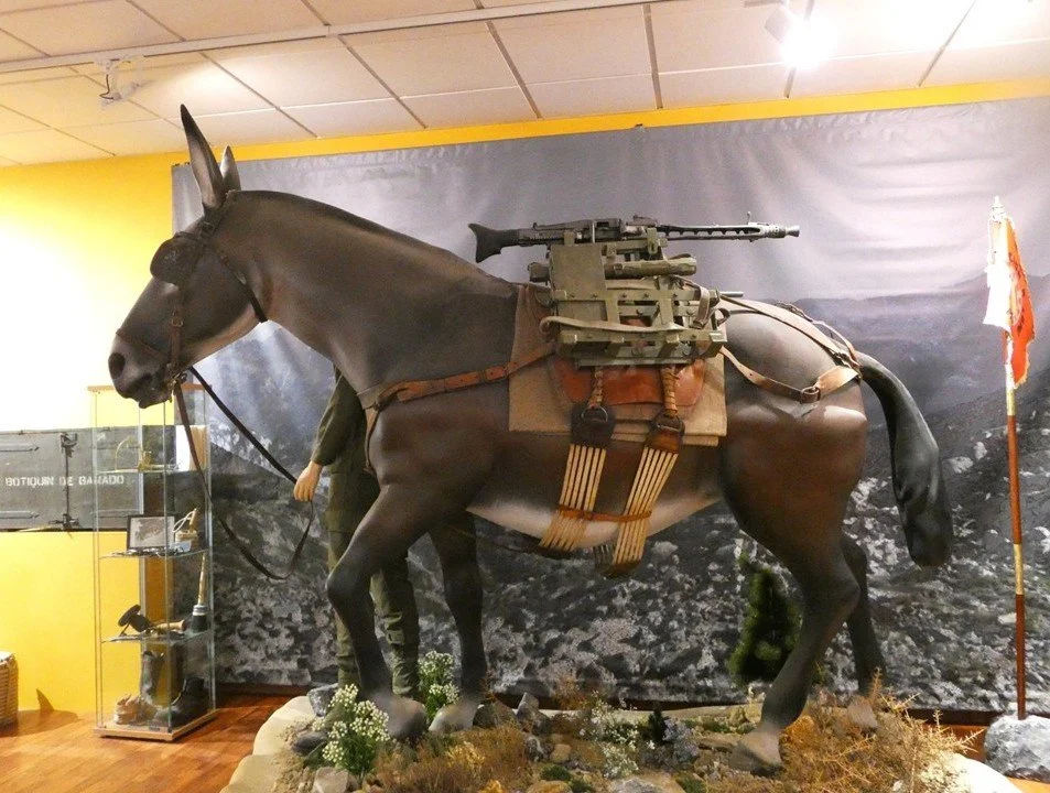 Model of mountain regiment mule carrying a machine gun.