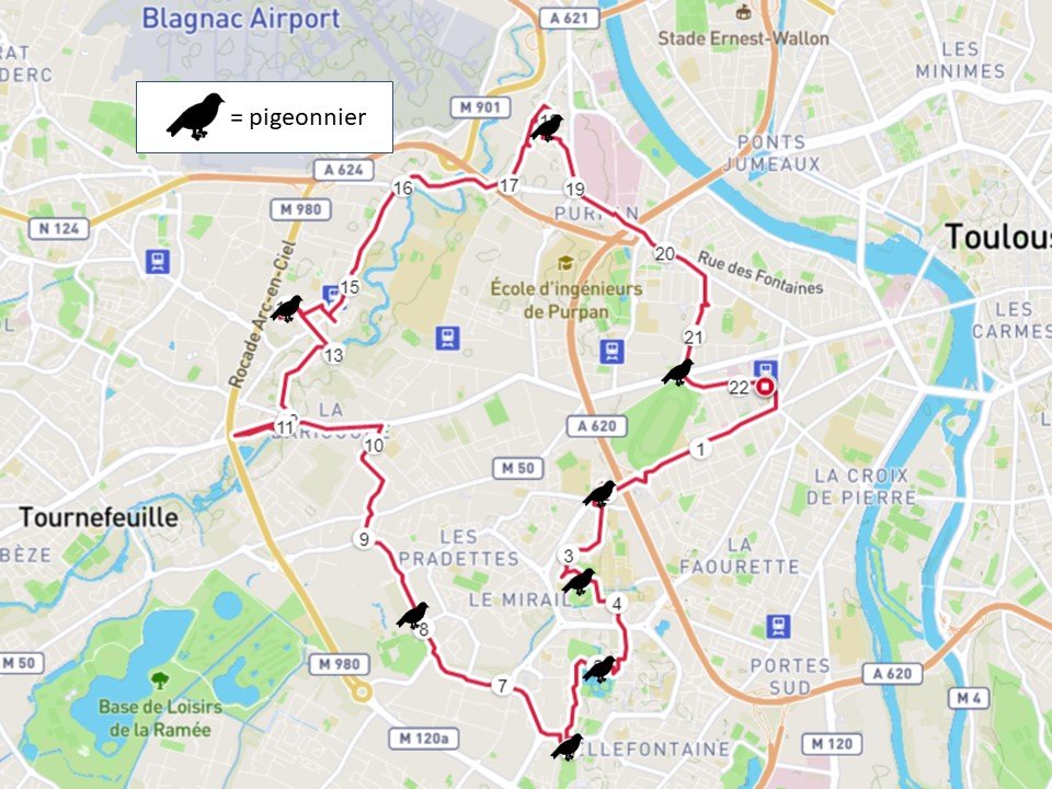 Map showing a 21km route in Toulouse which visits 8 dovecotes, or pigeonniers.