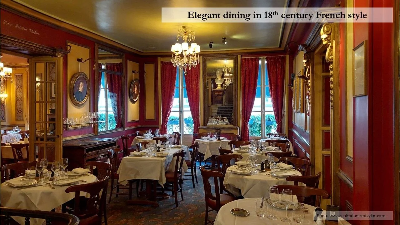 An elegant 18th-century dining room at Le Procope cafe in Paris.
