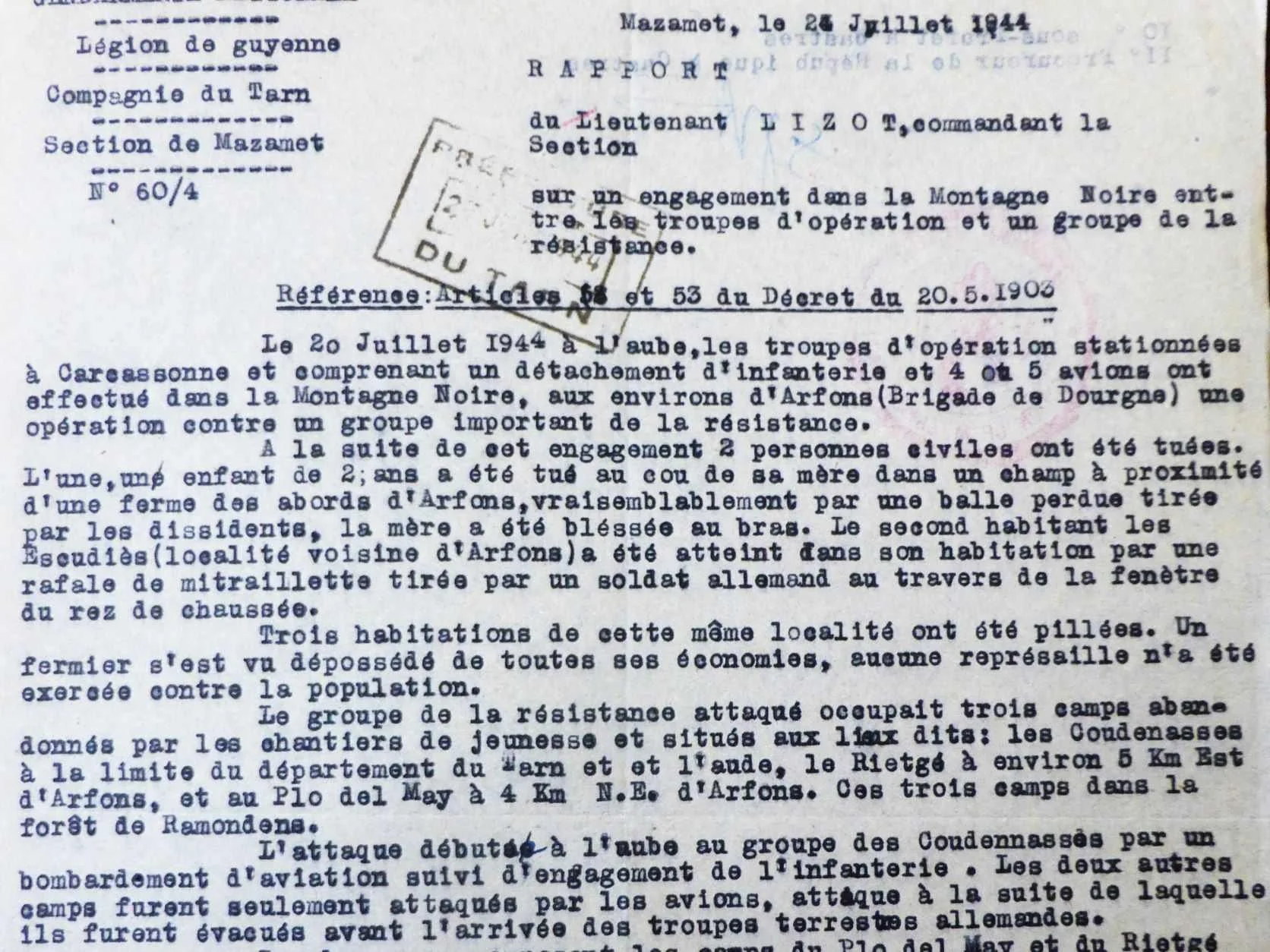 Copy of a police report on an attack by the French Resistance in the Montagne Noire, 1944.