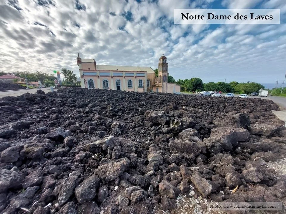 The church of Notre Dame des Laves is surrounded by lava spat out of Piton de la Fournaise during an eruption in 1977.