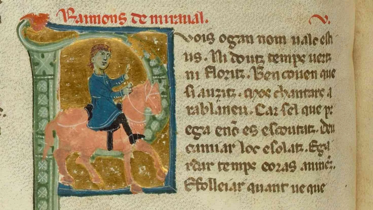 Illustrated manuscript showing the 12th-century troubadour Raimon de Miraval.