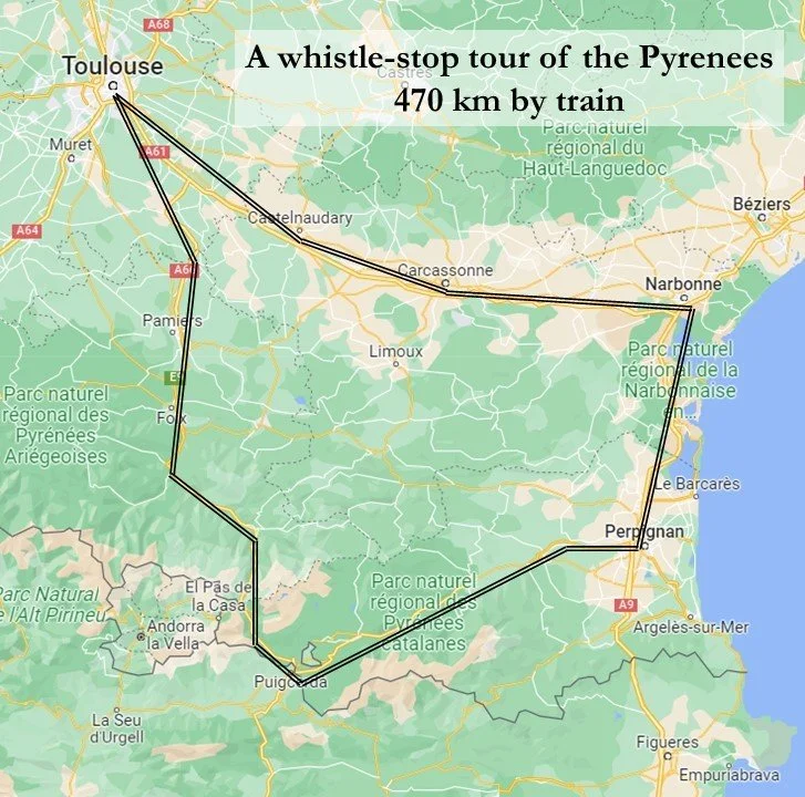 Map of a 470km circular train journey through the eastern Pyrenees.