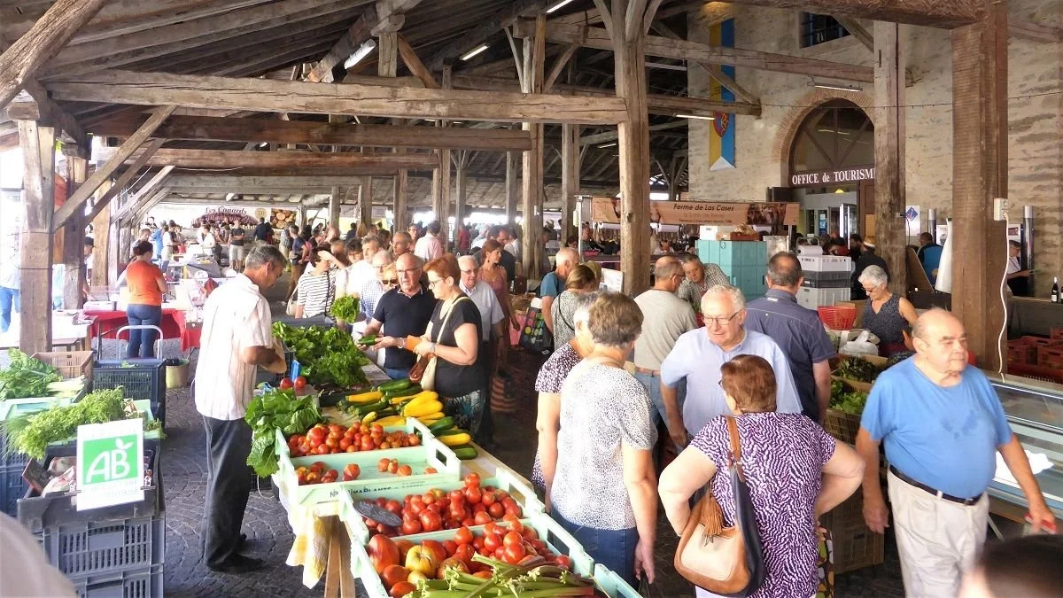 Shoppers and stallholders beneath the medieval market hall of Revel.