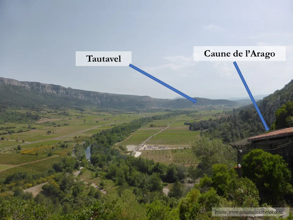 The countryside around Tautavel showing the position of the village and the cave called Caune de l'Arago.