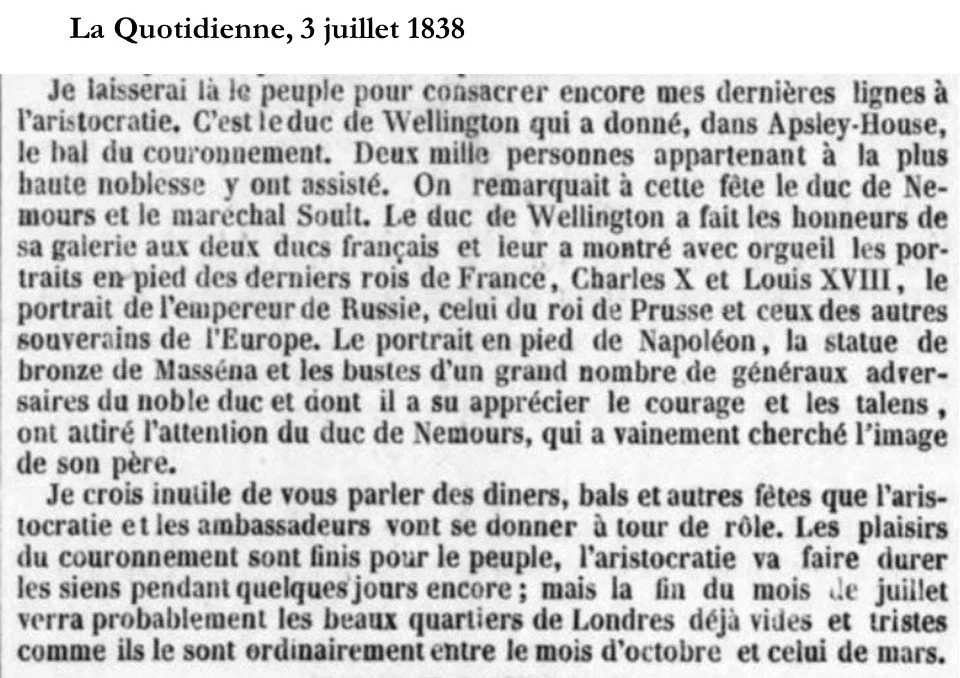 An 1838 newspaper report about Marshal Soult's trip to London for Queen Victoria's coronation.