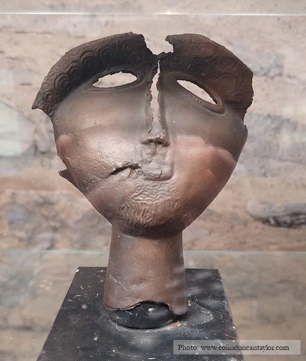 This copper mask discovered at Montsérié was hammered from a single sheet of bronze perhaps as long ago as the 4th century BCE.