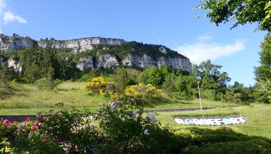 View of the Combalou, a limestone mountain that is essential to Roquefort cheese production.