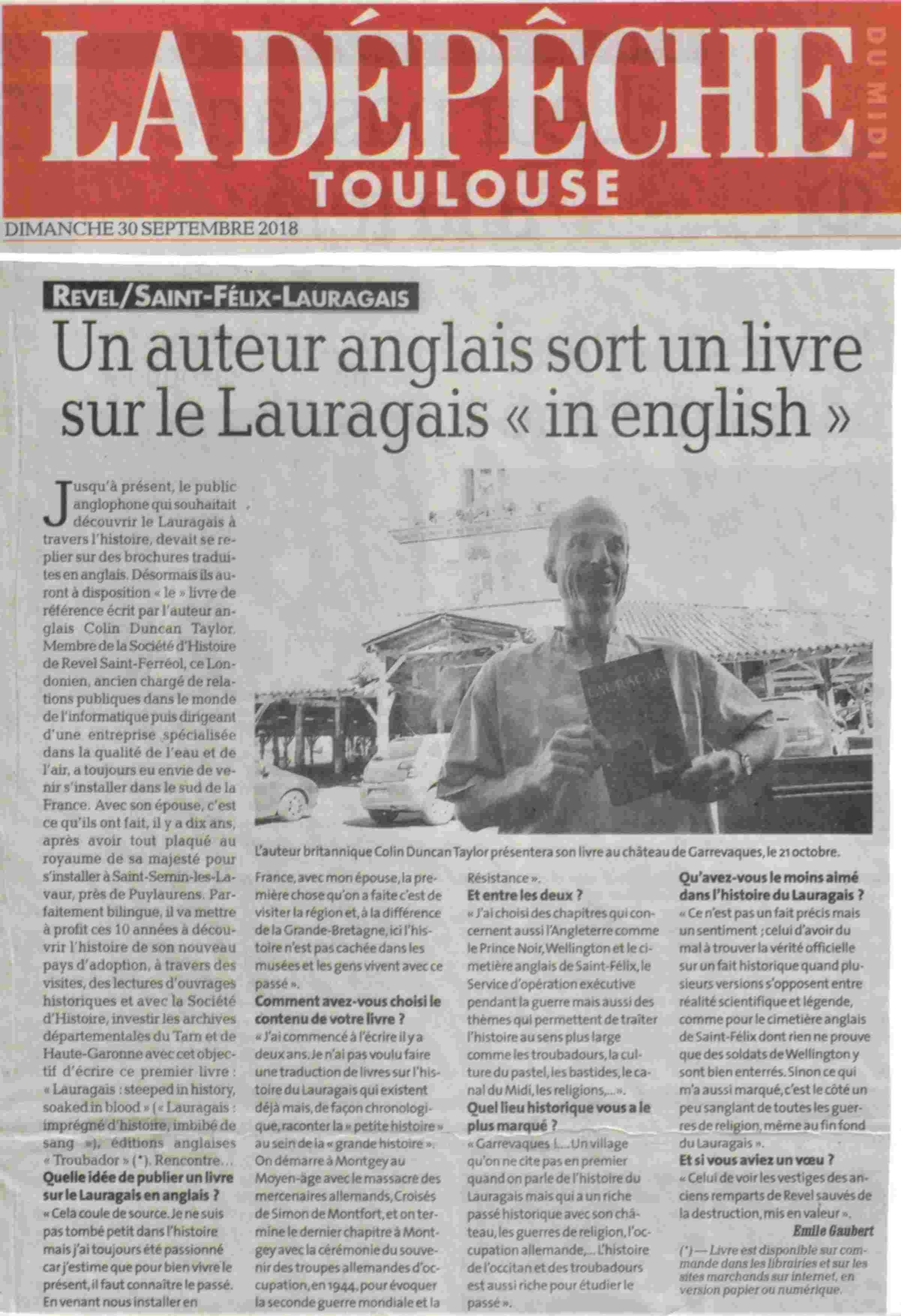 Newspaper article from La Dépêche Toulouse, dated September 30, 2018, featuring a man holding a book outdoors.