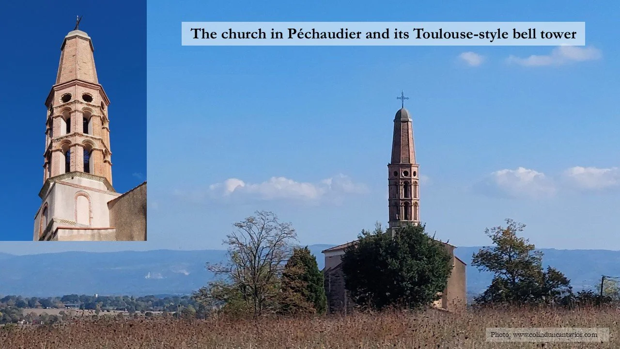 The church in Pechaudier and its Toulouse-style bell tower.