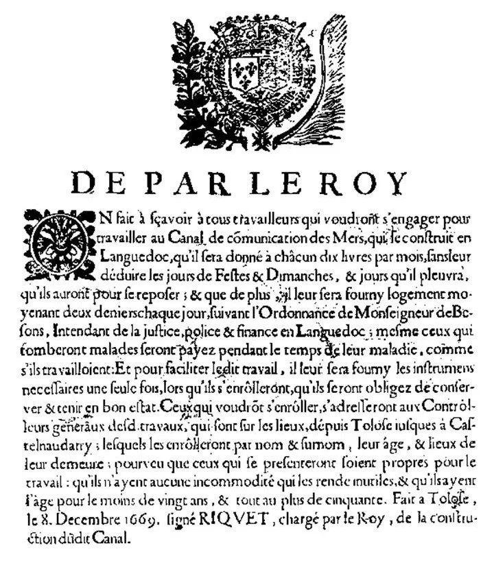 A poster created by Pierre-Paul Riquet in 1669 to recruit workers for the Canal du Midi.