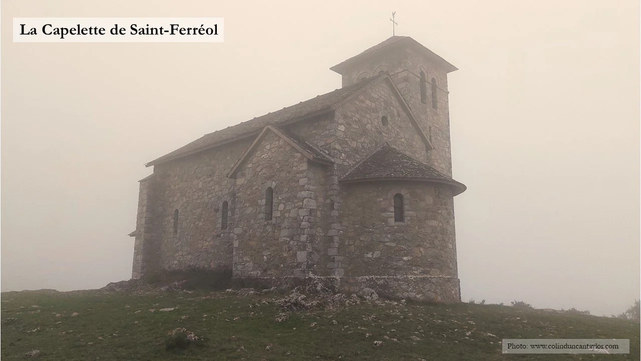 La Capelette de Saint-Ferréol above Dourgne viewed on a misty day.