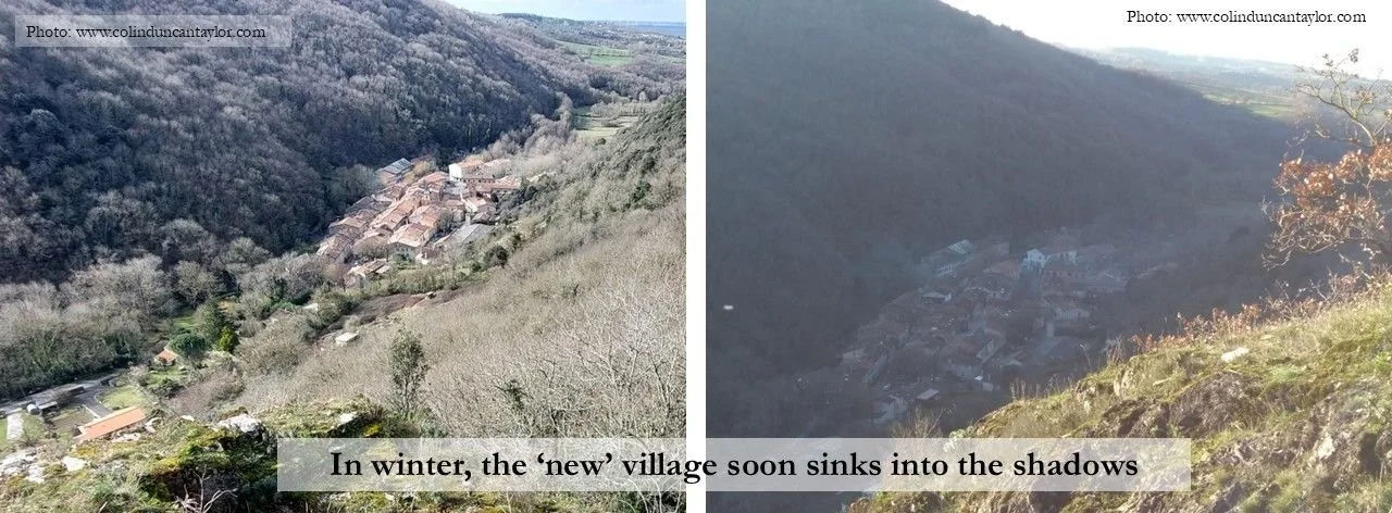 Two views of Durfort in its steep-sided valley: one in sunshine, one in the shade.