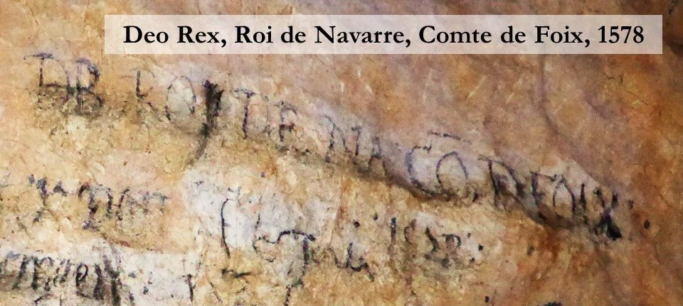 Close up of the signature of the future King Henri IV of France deep inside the Grotte de Lombrives.. Dated 1578.