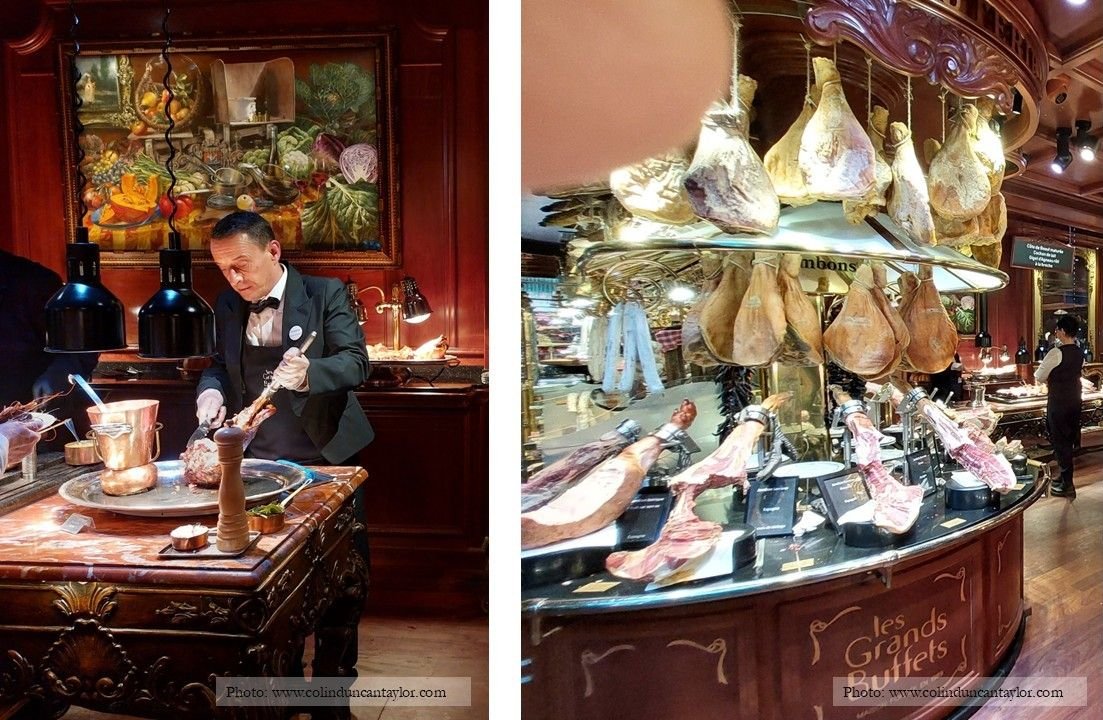 RHS: Carving roast meats to order and (LHS) a selection of hams at Les Grands Buffets in Narbonne.