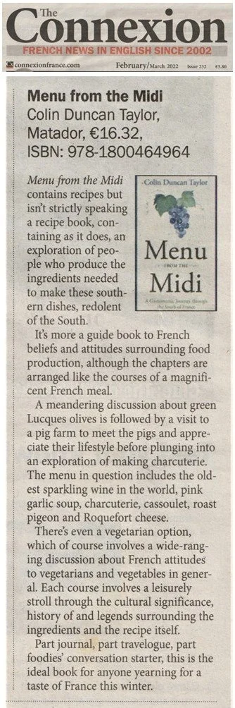 A newspaper page from 'The Connexion,' showing an article titled 'Menu from the Midi' by Colin Duncan Taylor, priced at £5.30. The article discusses a cookbook with recipes and information about French food, featuring an image of the book cover with grapes and the title 'Menu from the Midi.'