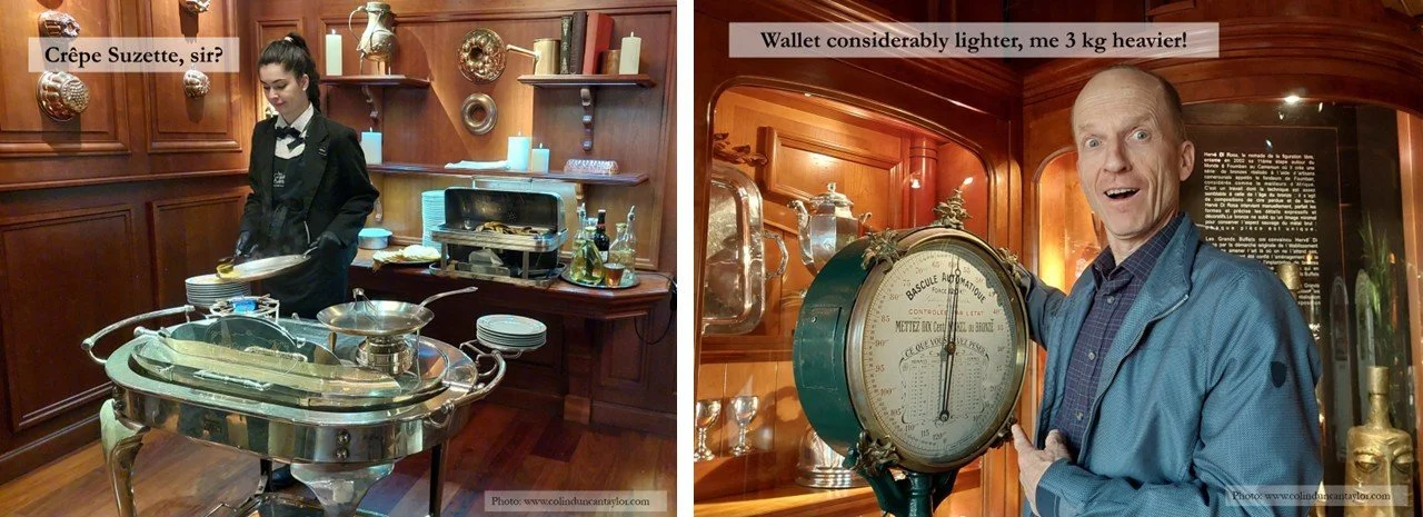 (LHS) a waitress cooks a crepe suzette to order (iii) author Colin Duncan Taylor weighs himself at the end  of a meal at Les Grands Buffets in Narbonne.