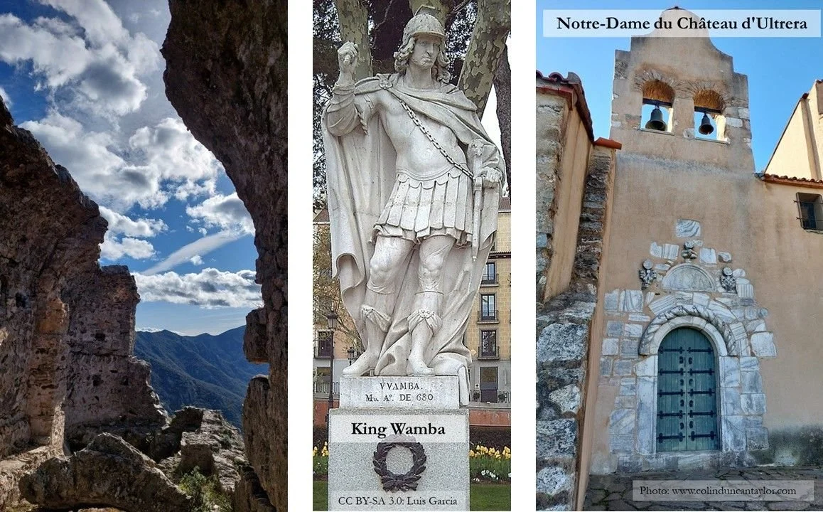 Composite image showing (i) the Château d’Ultréra (ii) a statue of King Wamba and (iii) the chapel of Notre Dame du Château d’Ultréra.