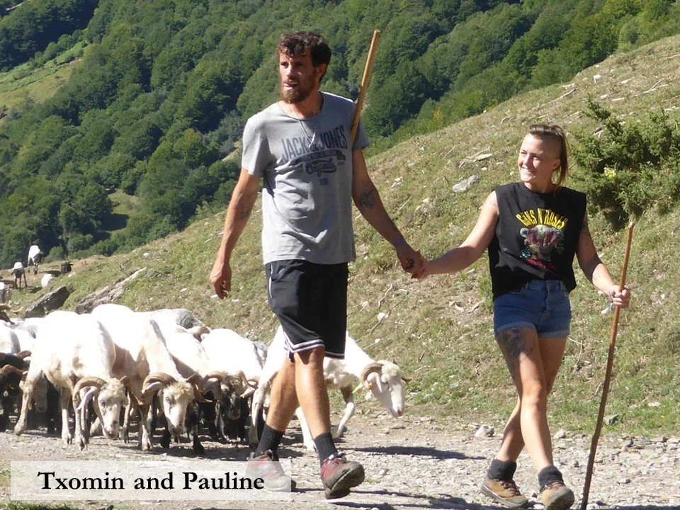 Txomin and Pauline Iriberri lead their flock of sheep homewards from Lac d'Estaing.