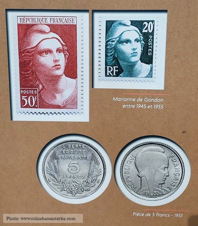 Stamps and coins bearing the image of Marianne, symbol of the French Republic.