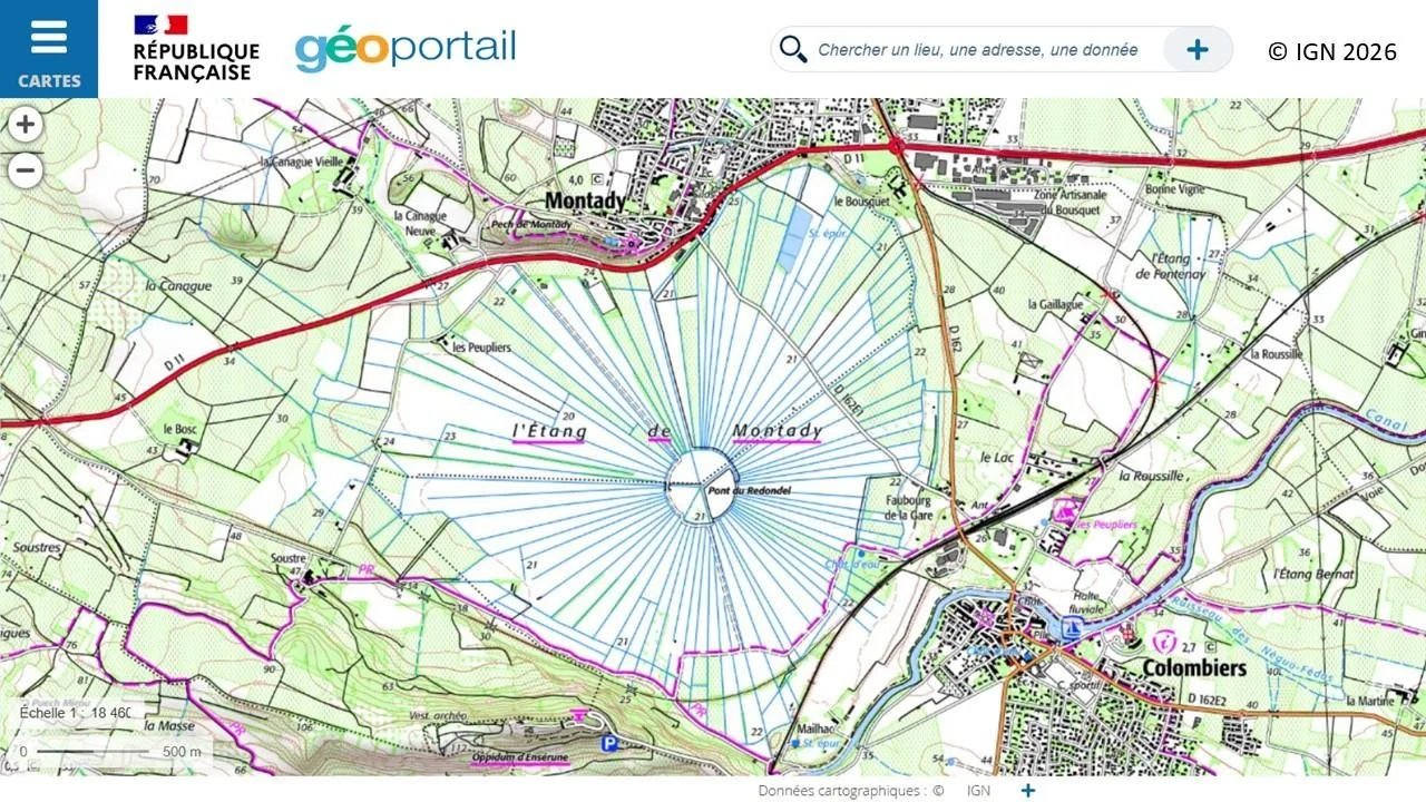 IGN map section showing the spoked-wheel fields of Montady,.