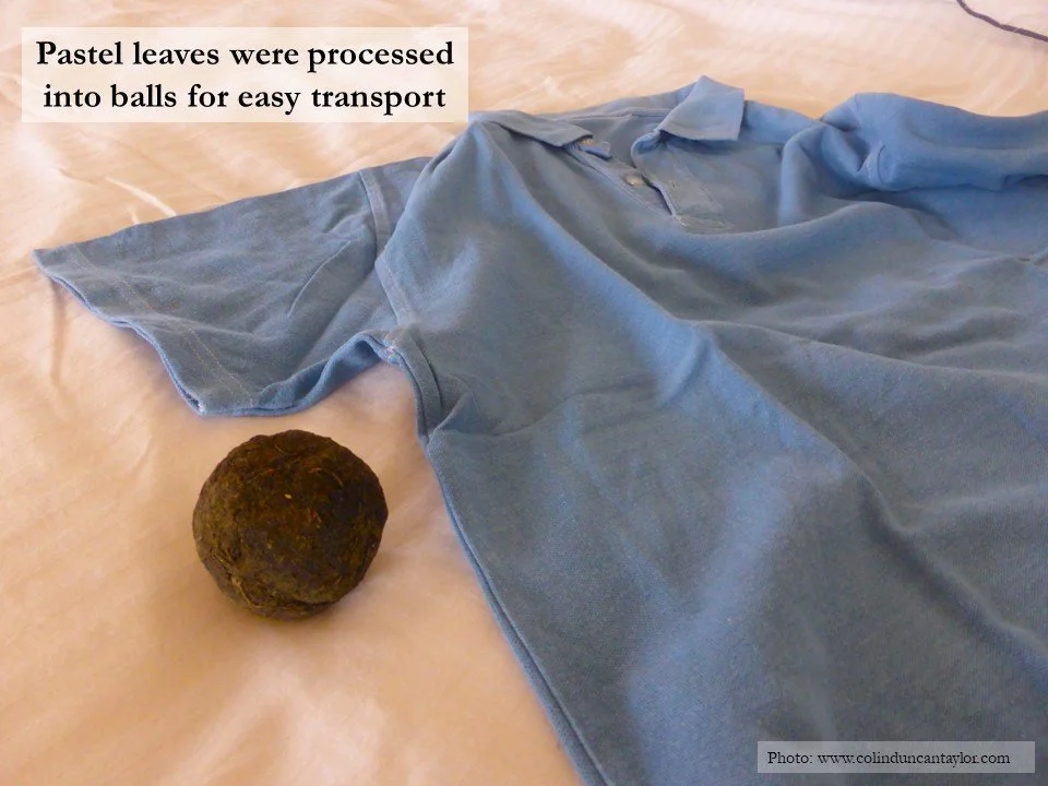 A ball of dried woad or pastel leaves next to a pastel-dyed shirt.