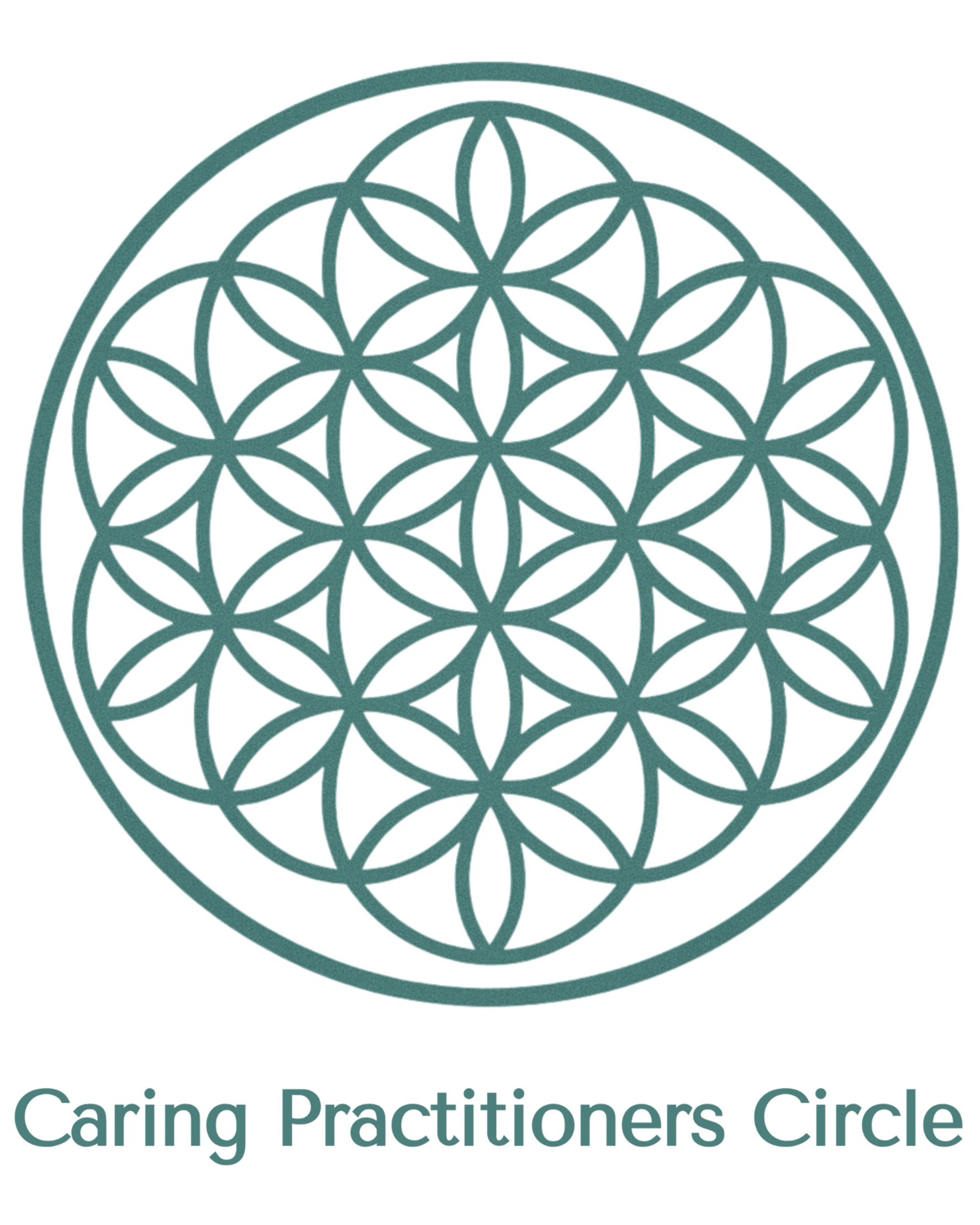 A circular geometric design called the Caring Practitioners Circle, composed of interconnected overlapping circles forming a pattern. Text below reads 'Caring Practitioners Circle'.