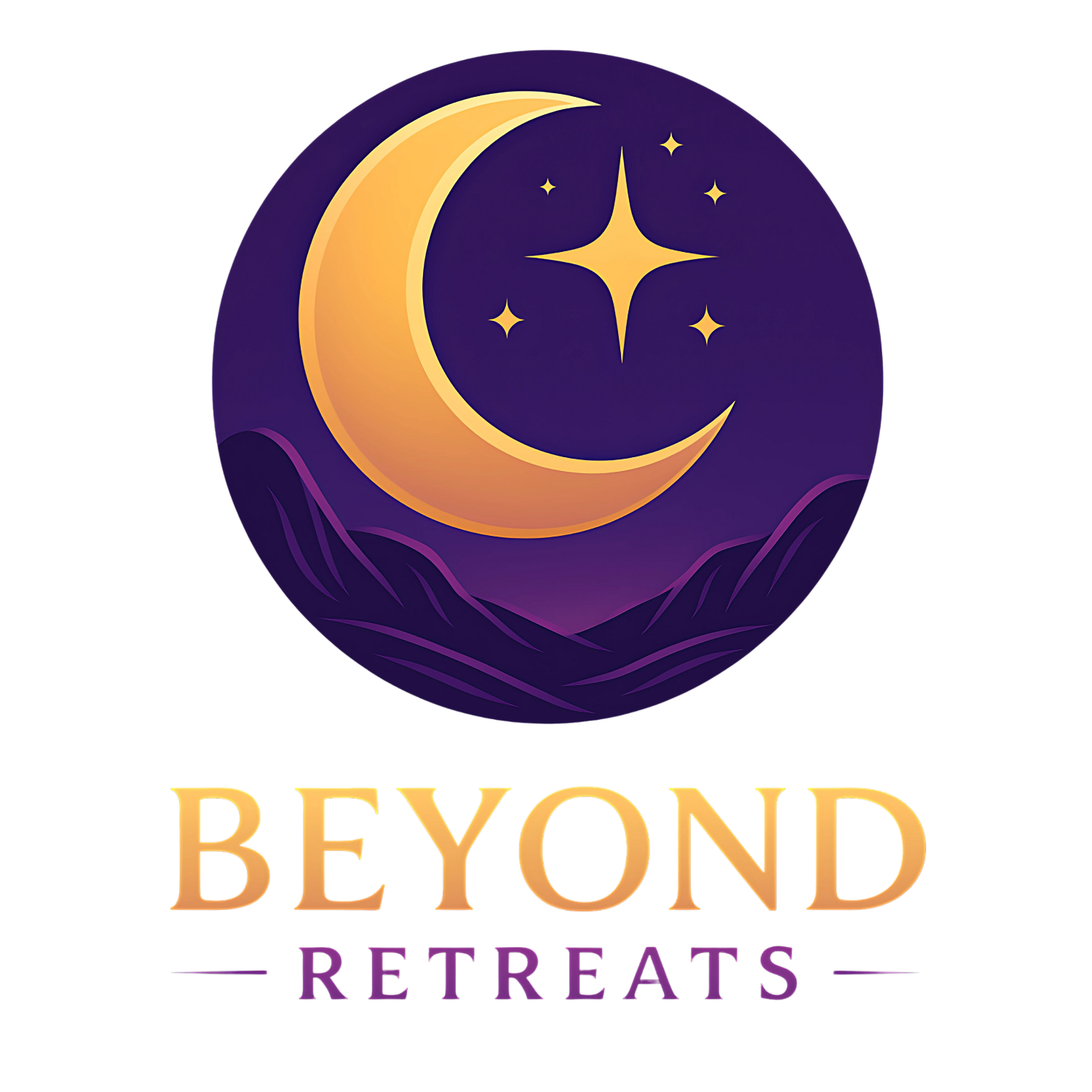 Logo for Beyond Retreads featuring a large crescent moon and four stars inside a purple circle with purple mountains beneath, and the words 'Beyond Retreads' in gold and purple text.