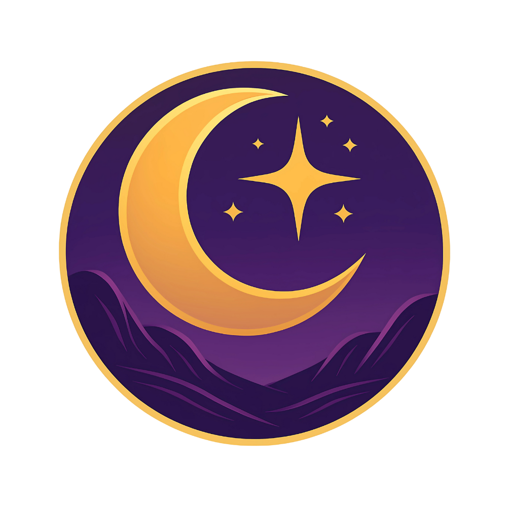 A stylized illustration of a crescent moon and stars over dark purple mountains, with a gold border around the circle.