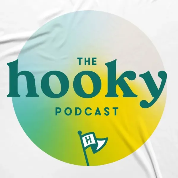 Logo for 'The Hoky Podcast' with a green and yellow circular background and a small flag with the letter H.