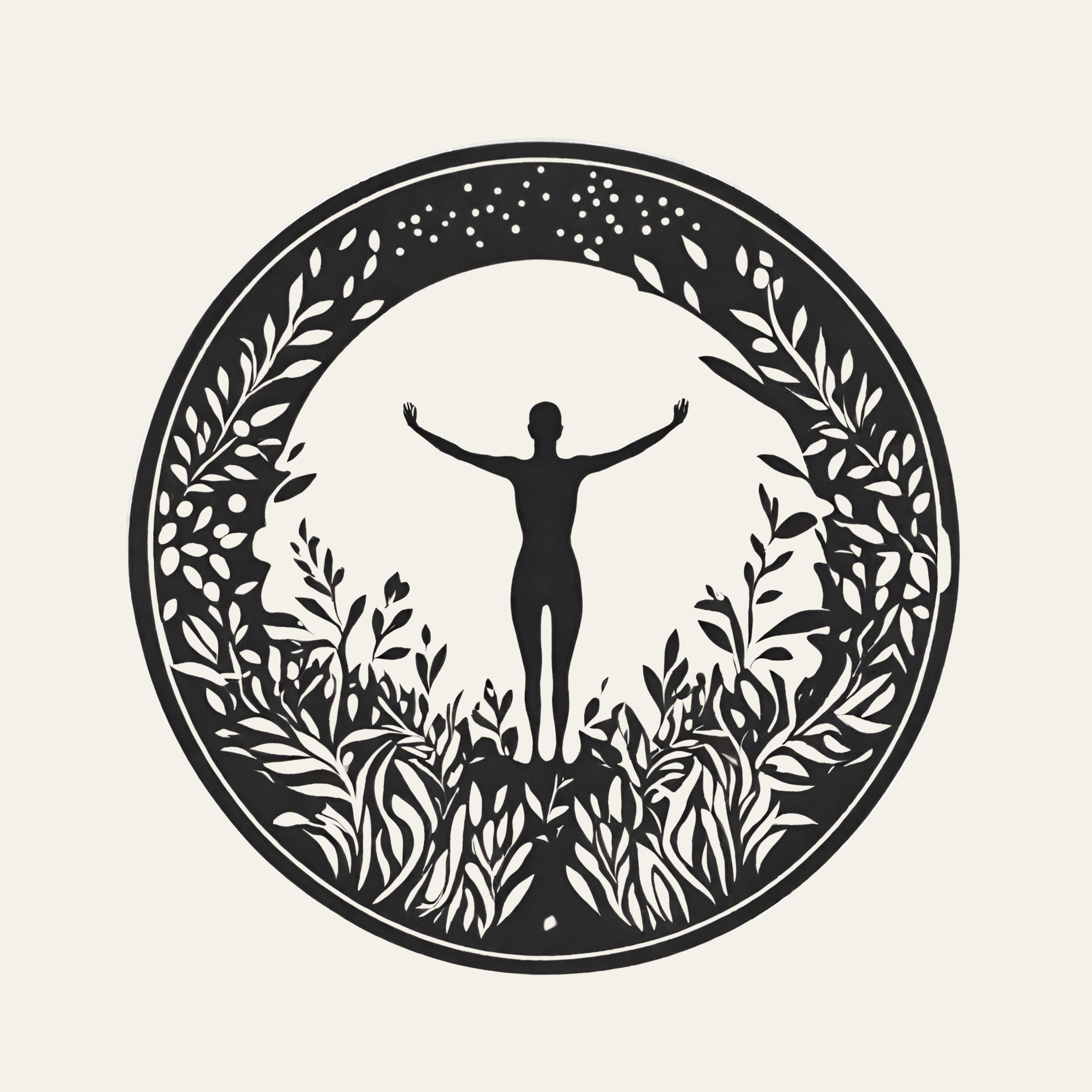 Silhouette of a nude woman standing with arms outstretched inside a circular decorative frame with leaf and star patterns.