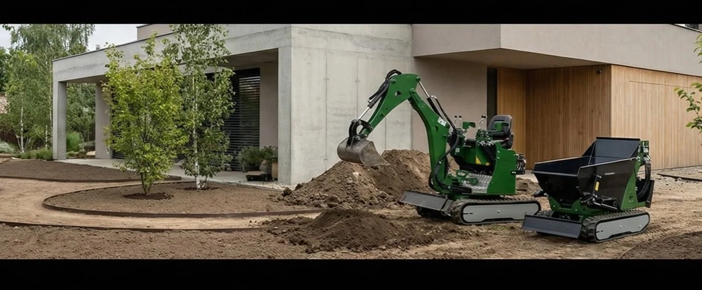 Malý zelený bagr s kartáčovým nástavcem při úpravách zahrady před moderním rodinným domem.