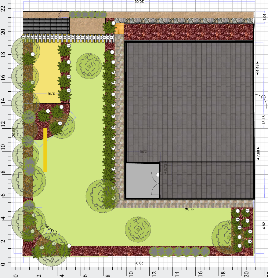 Landscape design plan for a backyard featuring a large lawn, trees along the perimeter, a paved driveway or walkway, flower beds, and a small structure near the center.