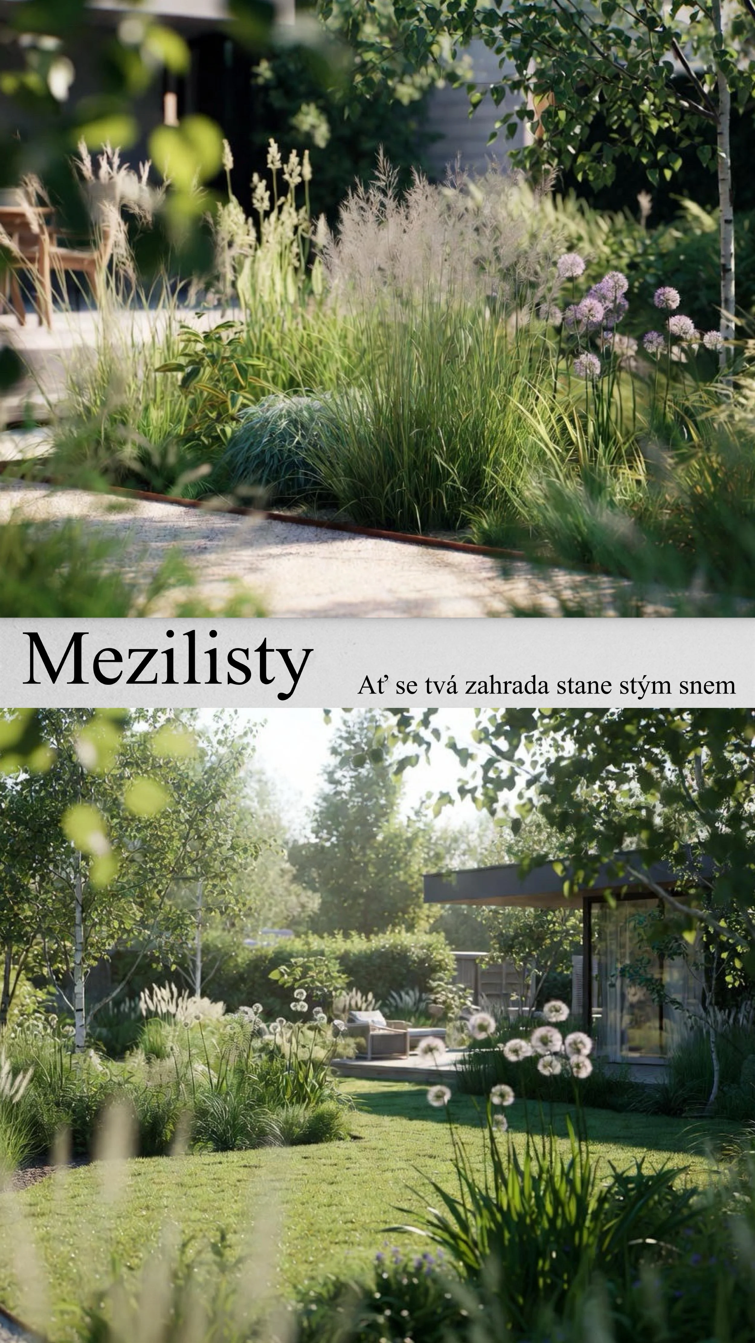 Zahrada s bohatou zelení, stromy a kvetoucími rostlinami, v pozadí venkovní posezení s moderními židlemi. Slunný snímek klidného venkovního prostoru