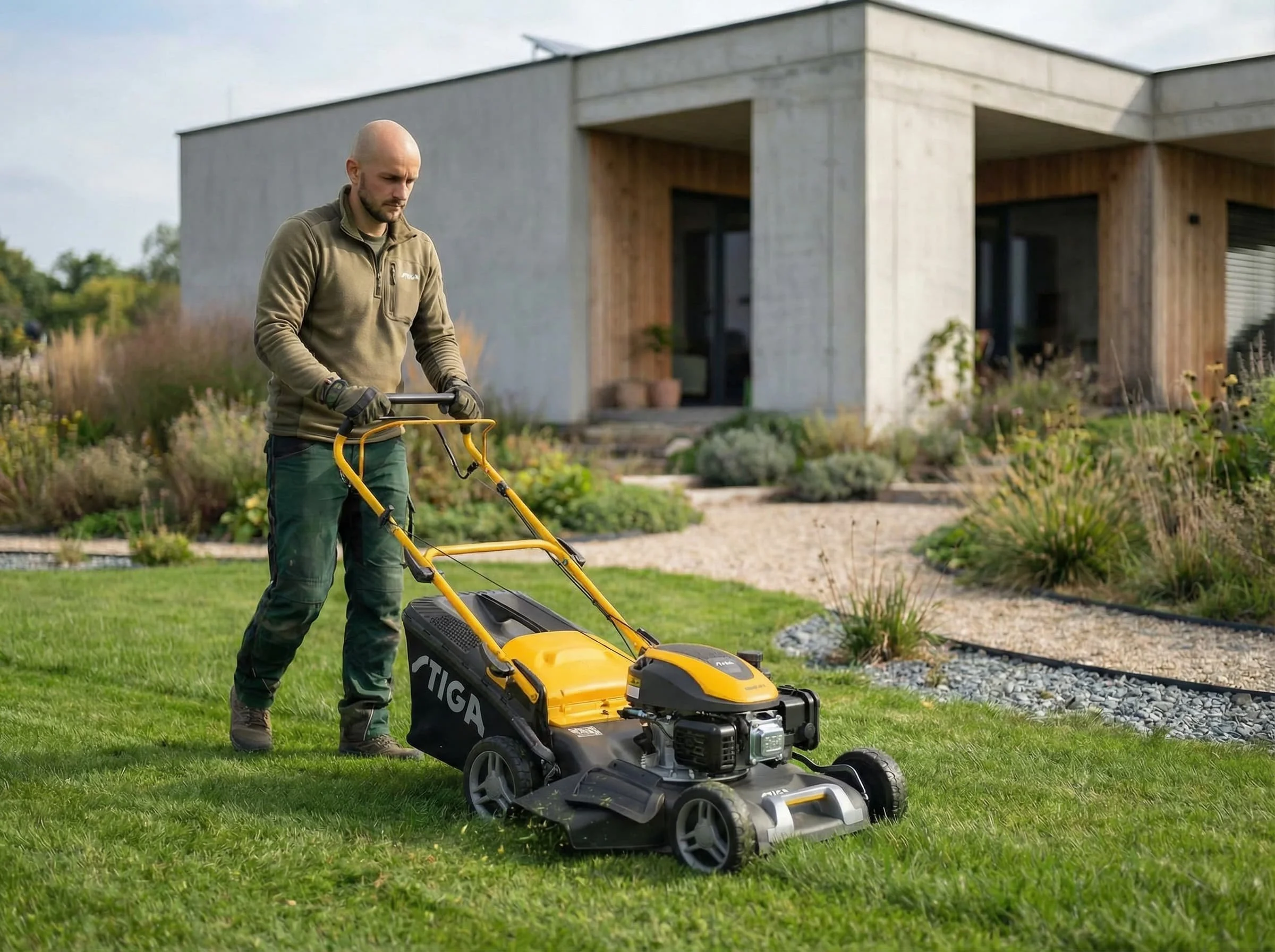Údržba trávníku při realizaci zahrady – sečení trávníku u moderního domu.