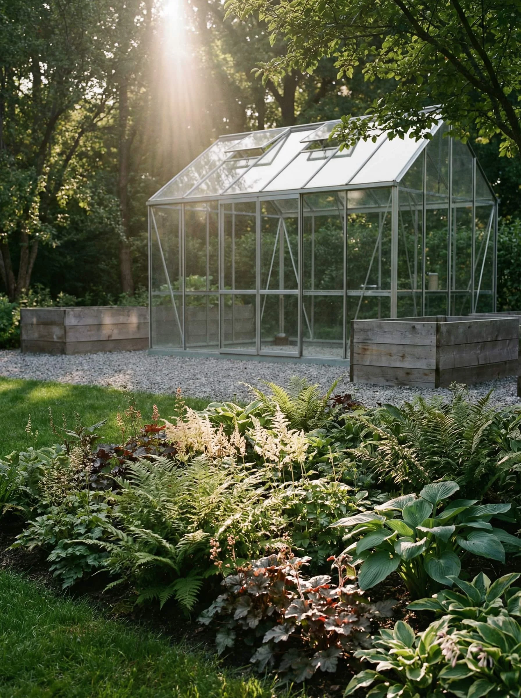 Skleněný skleník v zahradě, sluneční světlo prochází mezi stromy a osvětluje okolní zeleň.