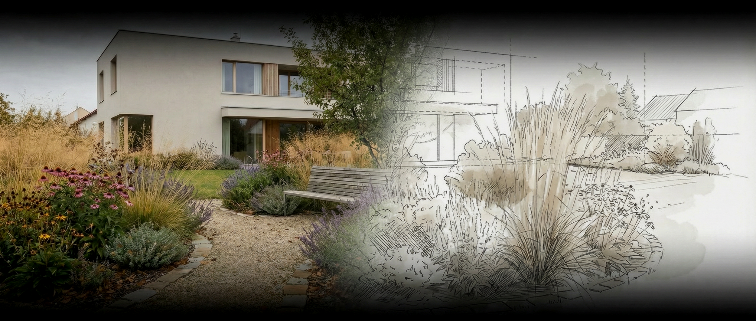 Hybridní obraz moderního domu se zahradou – vlevo hotová realizace, vpravo ručně kreslený návrh stejného prostoru.