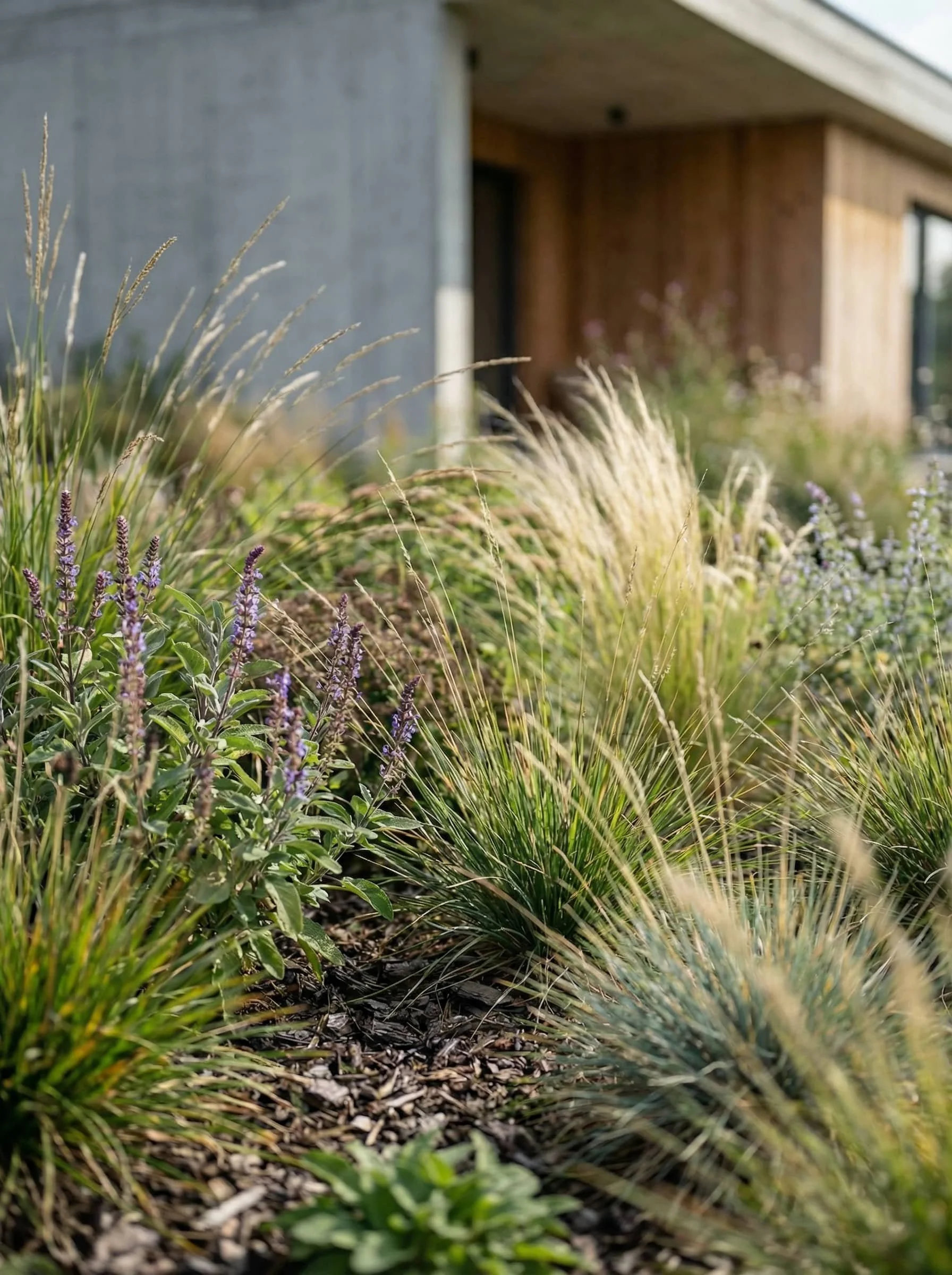 Detail trvalkového záhonu s okrasnými travami a kvetoucími rostlinami u moderního domu.