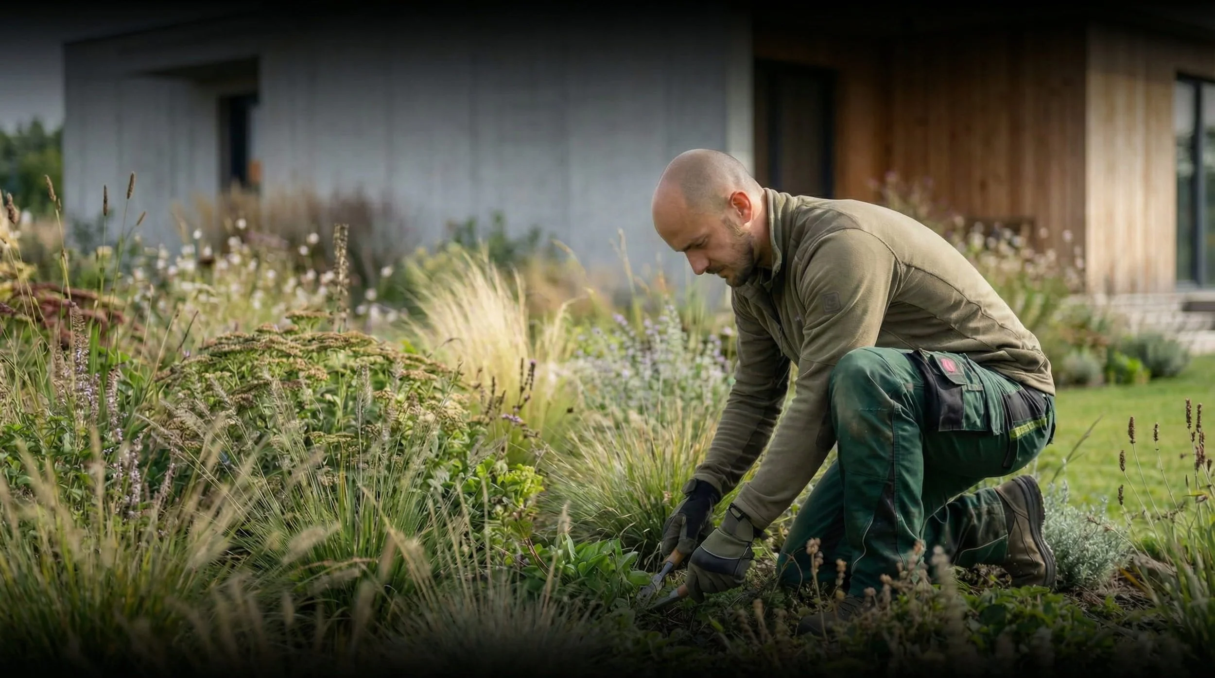 Práce na zahradě při realizaci – výsadba rostlin u rodinného domu
