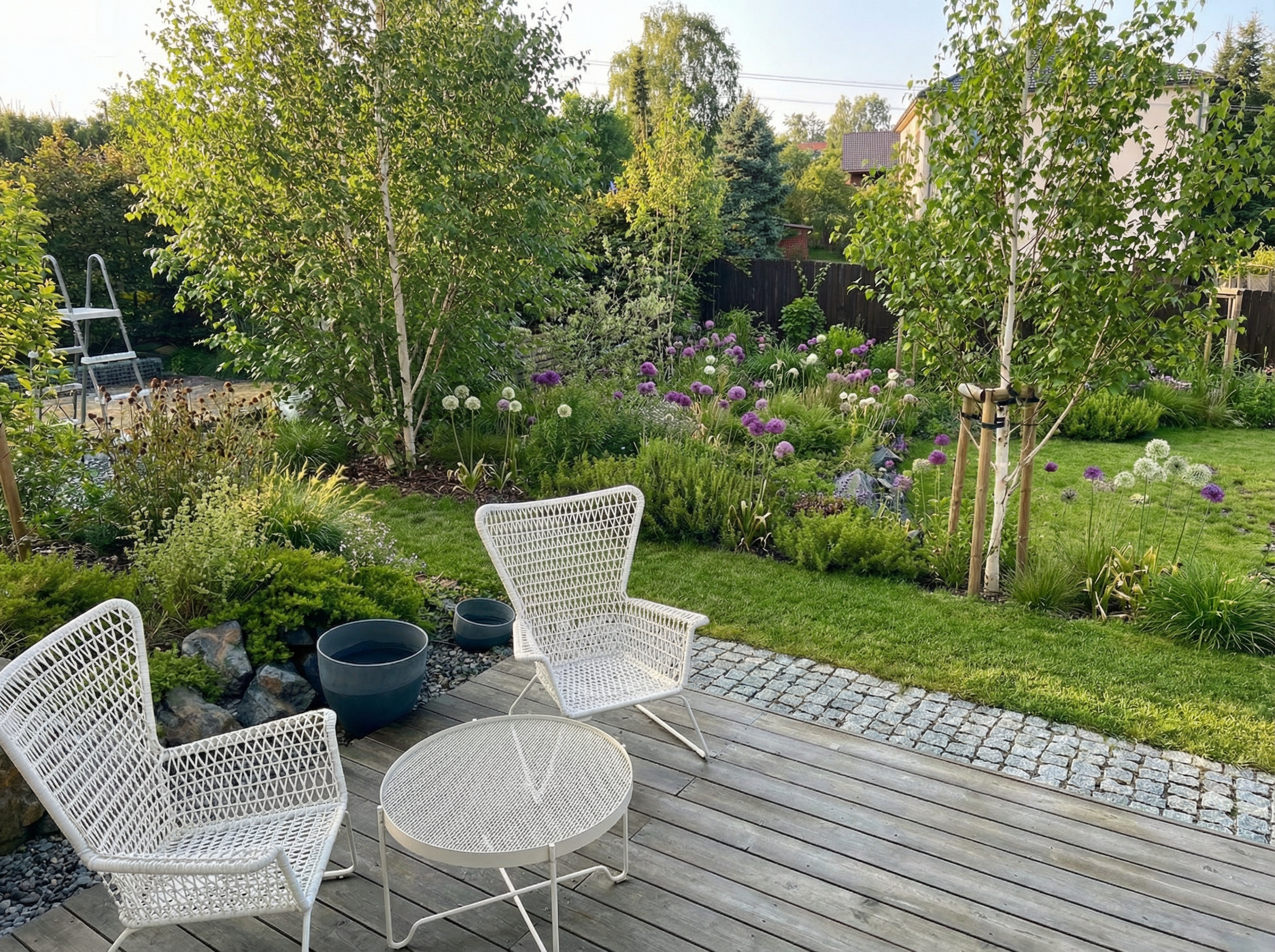 Zahrada s dřevěnou terasou, bílým venkovním posezením, vzrostlou zelení a kvetoucími rostlinami.