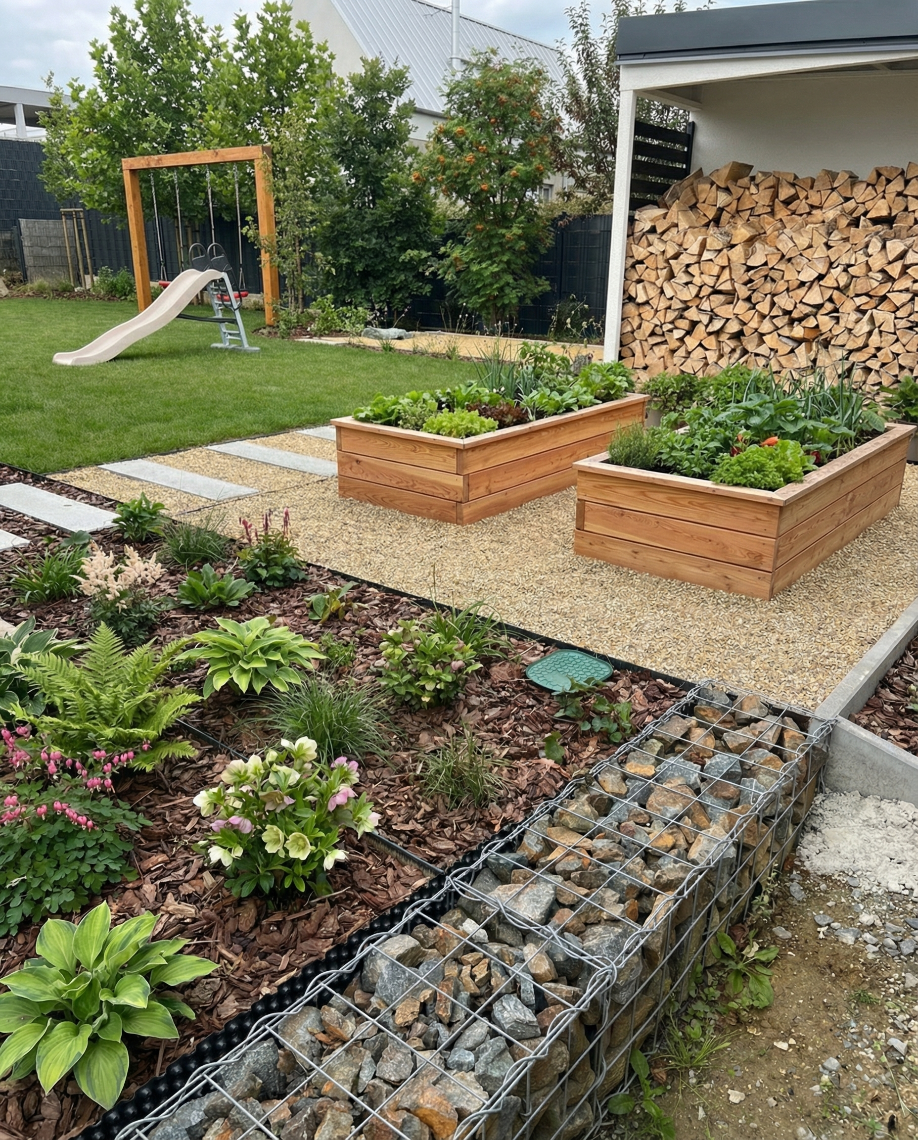 Zahrada u rodinného domu s trávníkem, vyvýšenými záhony, květinami a dětským herním prvkem.