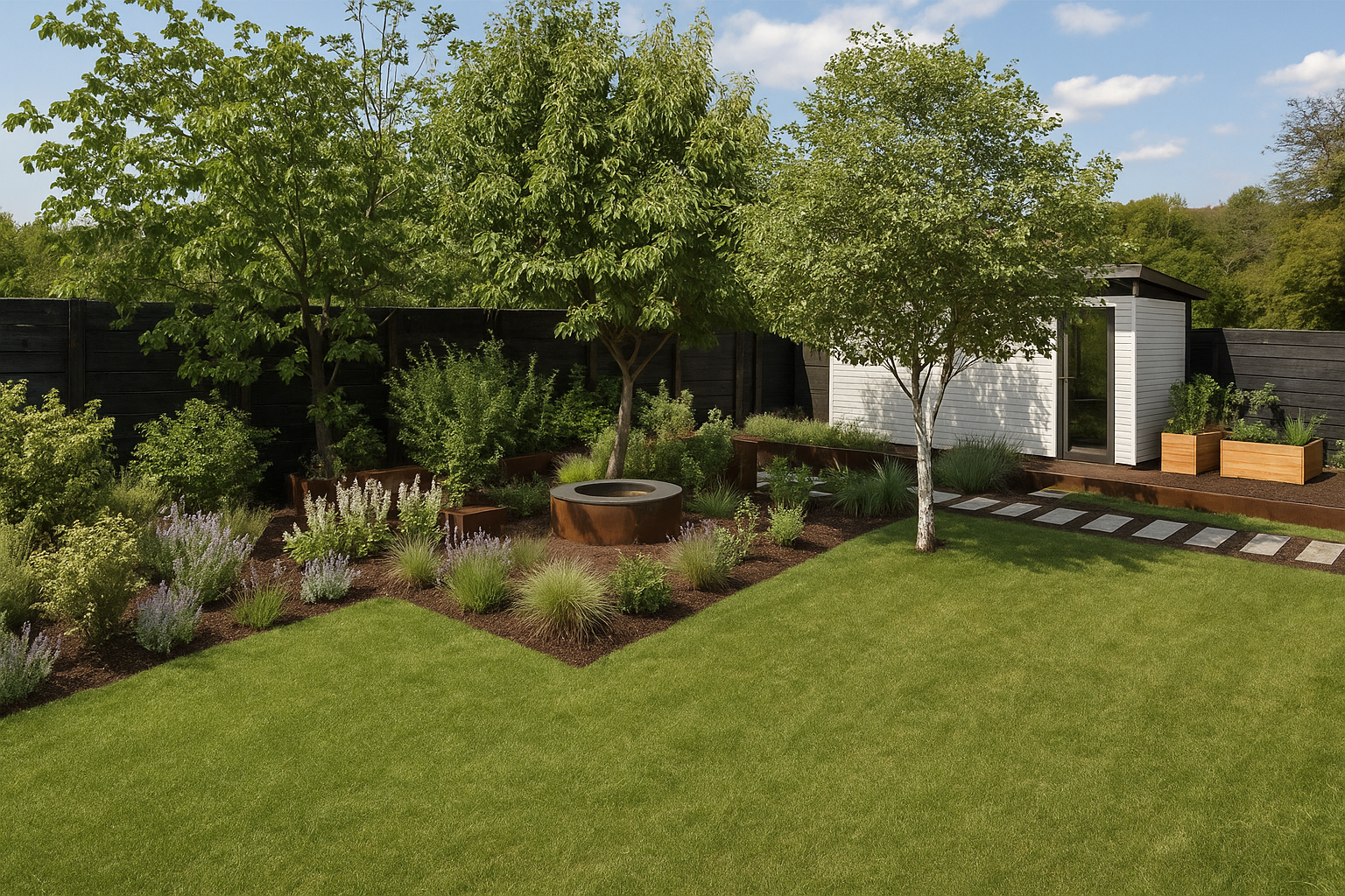 A landscaped backyard with green grass, a variety of trees and shrubs, a black wooden fence, stepping stones, and a small white shed with potted plants.