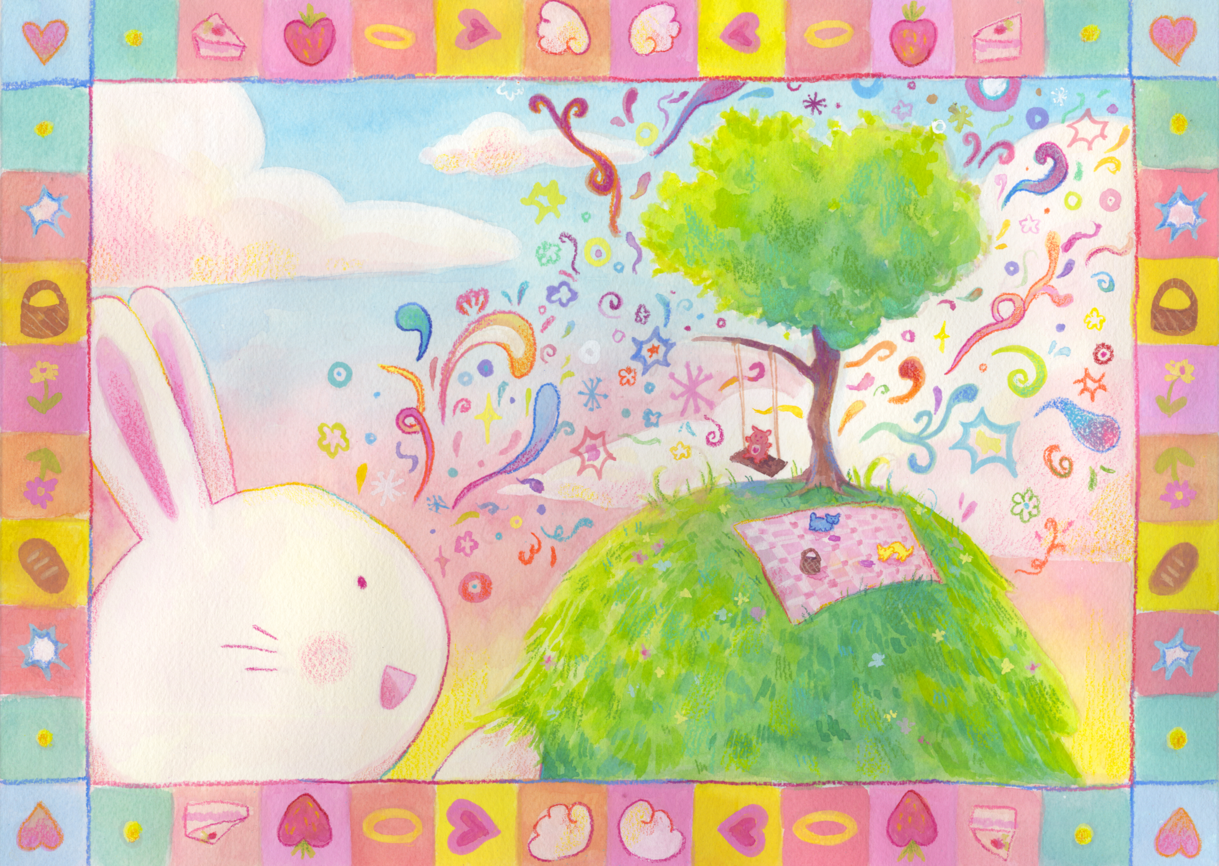 "I Dream of Sunsets and Picnics," Gouache and Colored Pencil