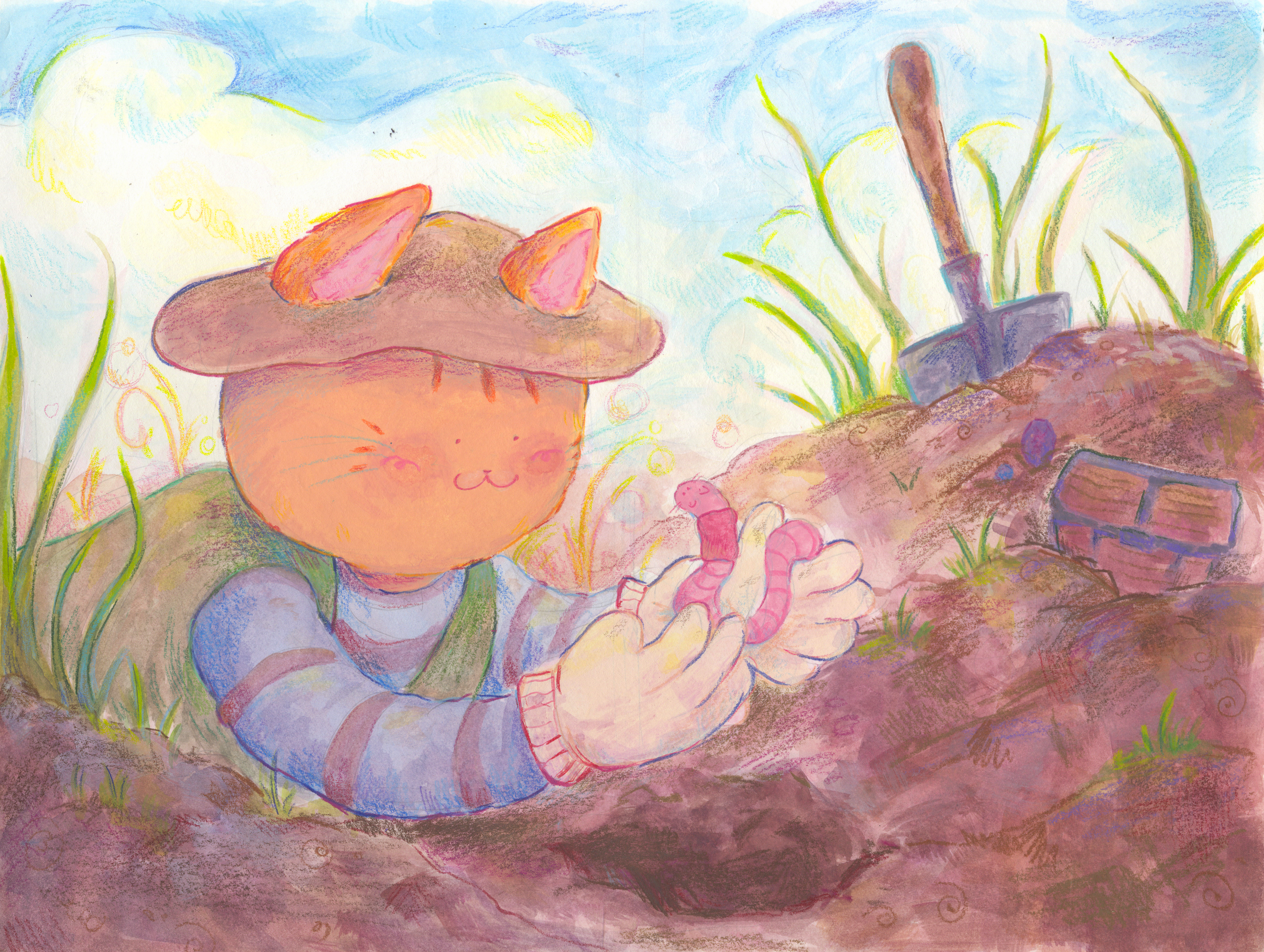 "Cat and Catworm," Gouache and Colored Pencil