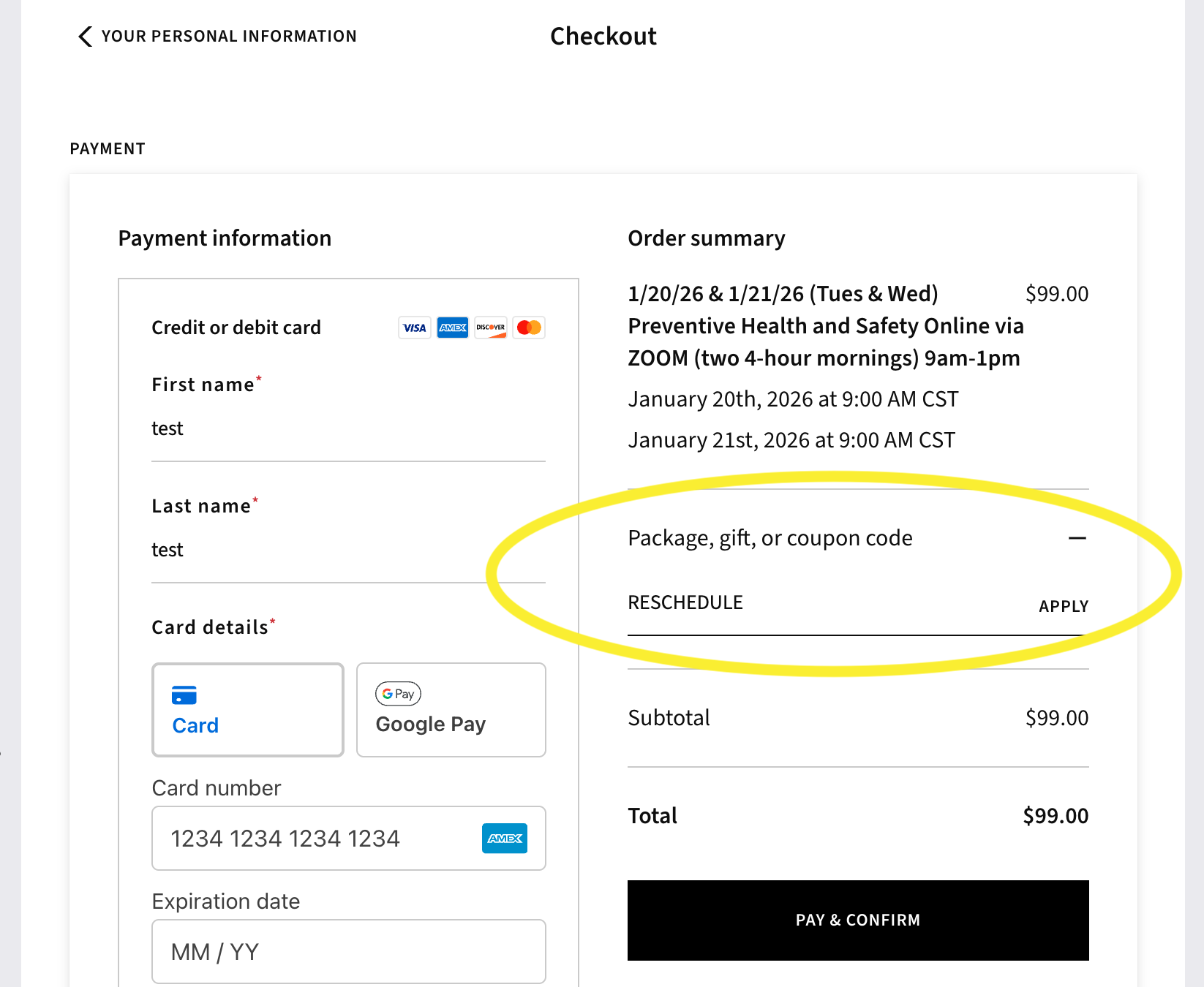 Reschedule preventive health and safety training checkout page with coupon code field for childcare providers