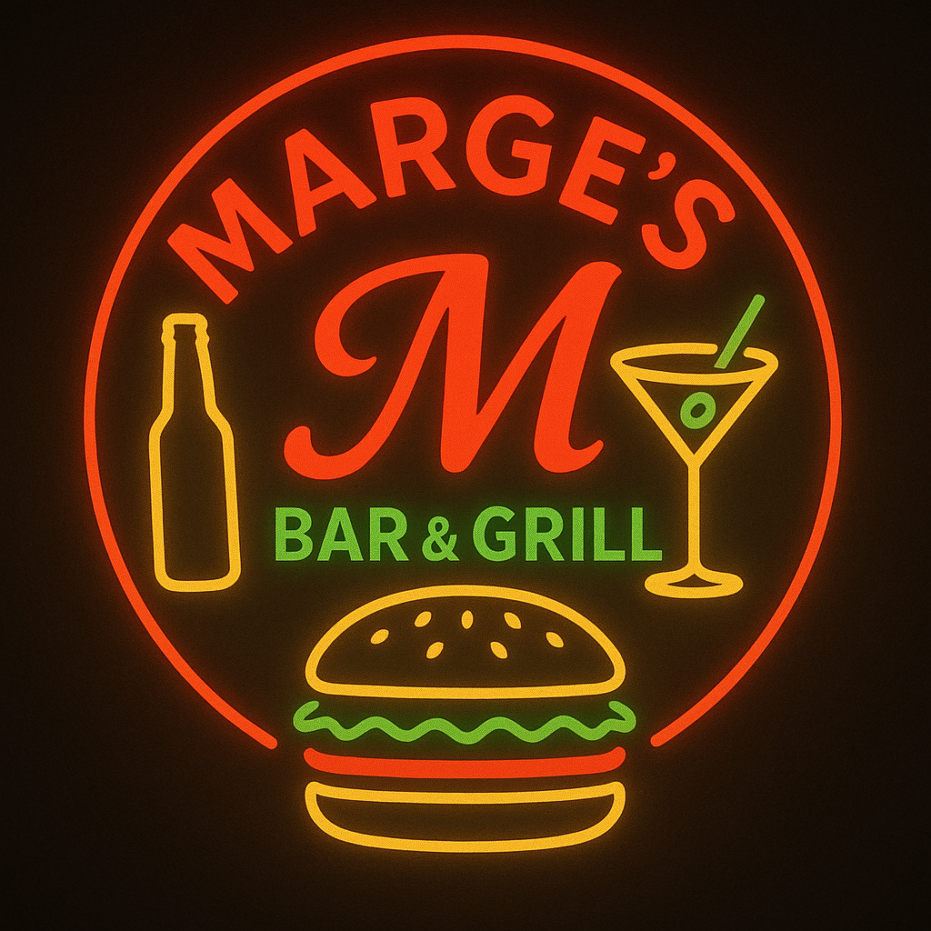 Neon sign for 'Marge's Bar & Grill' featuring a beer bottle, a martini glass with an olive and straw, and a hamburger with lettuce, tomato, and cheese, all in bright colors.