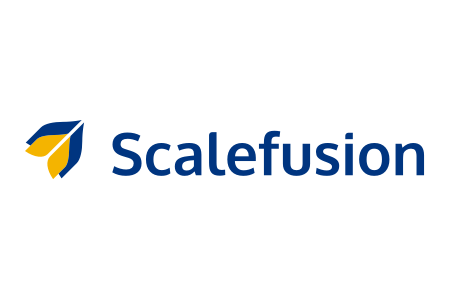 Scalefusion logo with a blue and yellow feather icon and the company name in blue text.