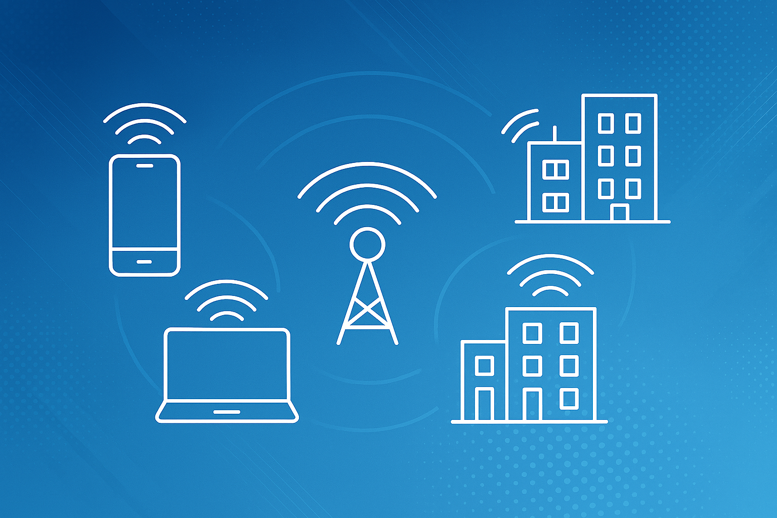 Line drawing of a cell tower transmitting wireless signals to a smartphone, laptop, and two buildings on a blue background.