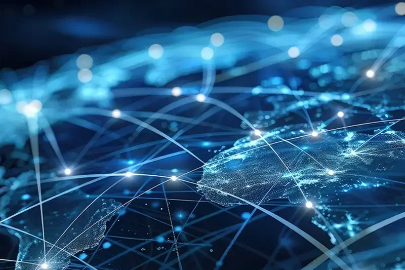 Digital representation of a global network with interconnected nodes and bright points of light connecting continents.